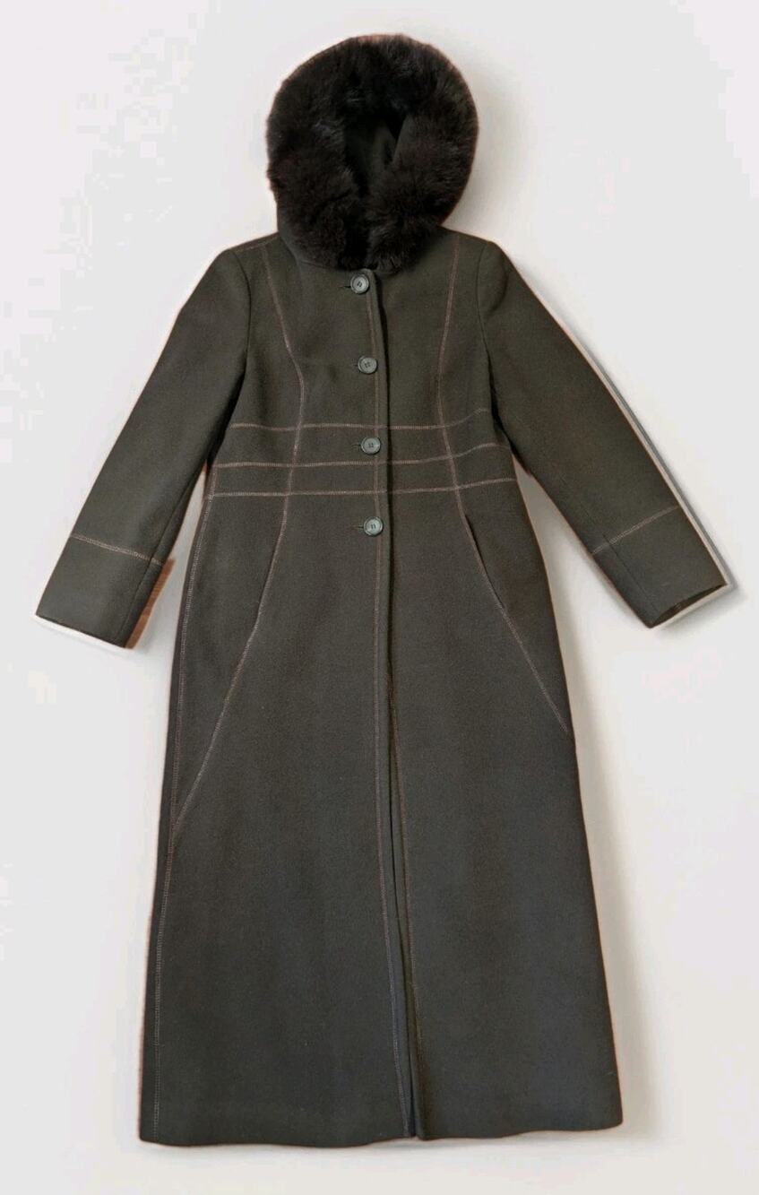 Bromley Wool Long Coat Womens Fox Fur Hood Brown Full Length Button Winter Coat